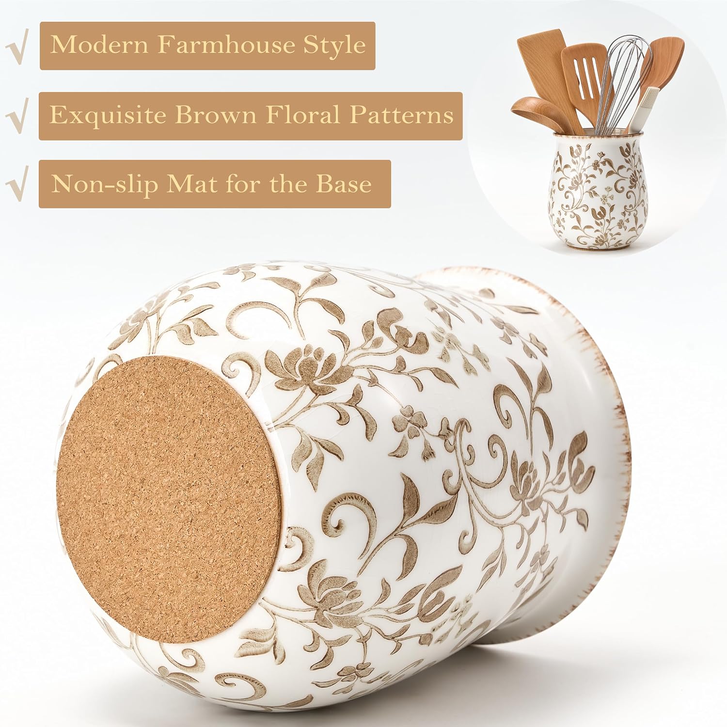 Aldernest Utensil Holder for Kitchen Counter, 1.05 kg, Brown Flower Patterns