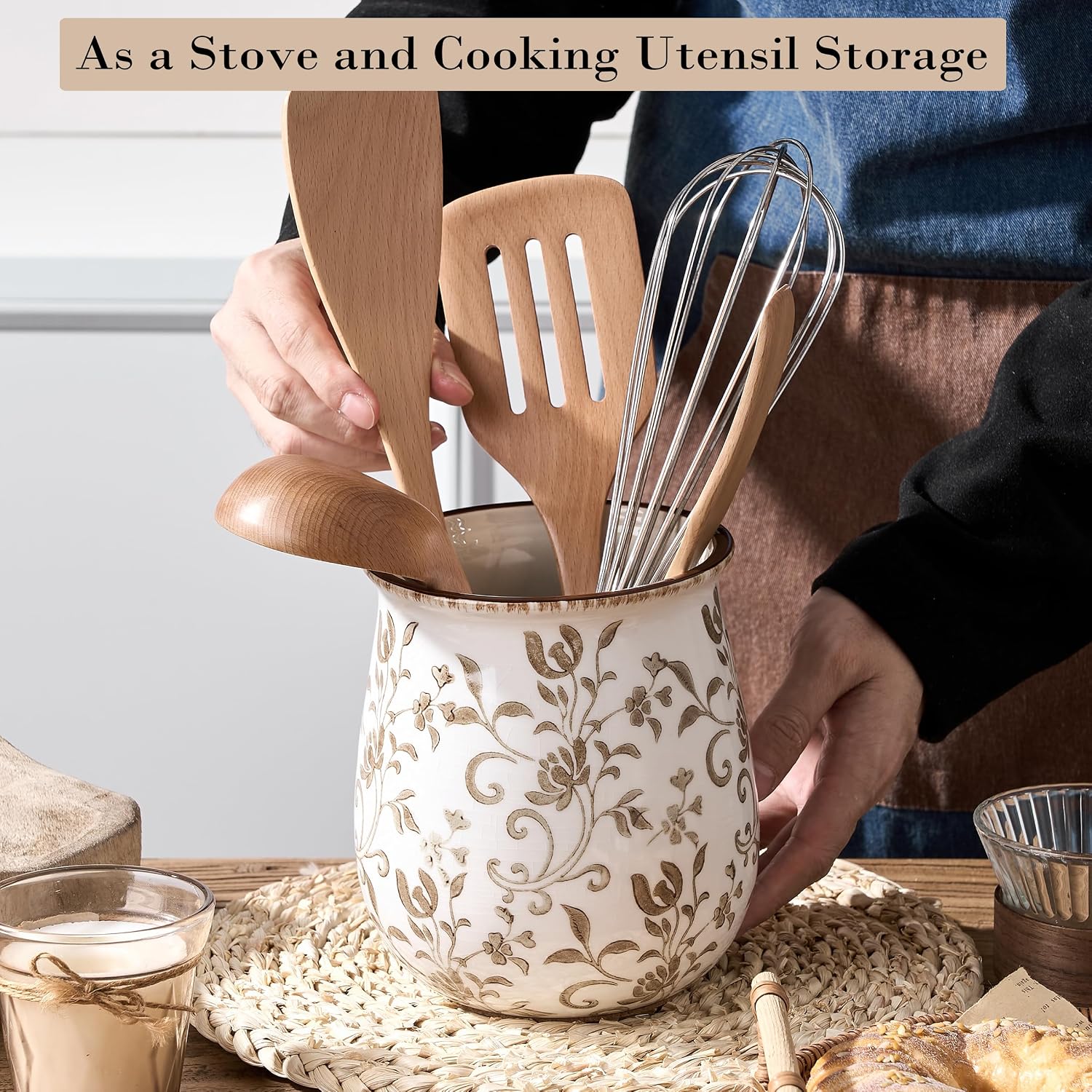 Aldernest Utensil Holder for Kitchen Counter, 1.05 kg, Brown Flower Patterns