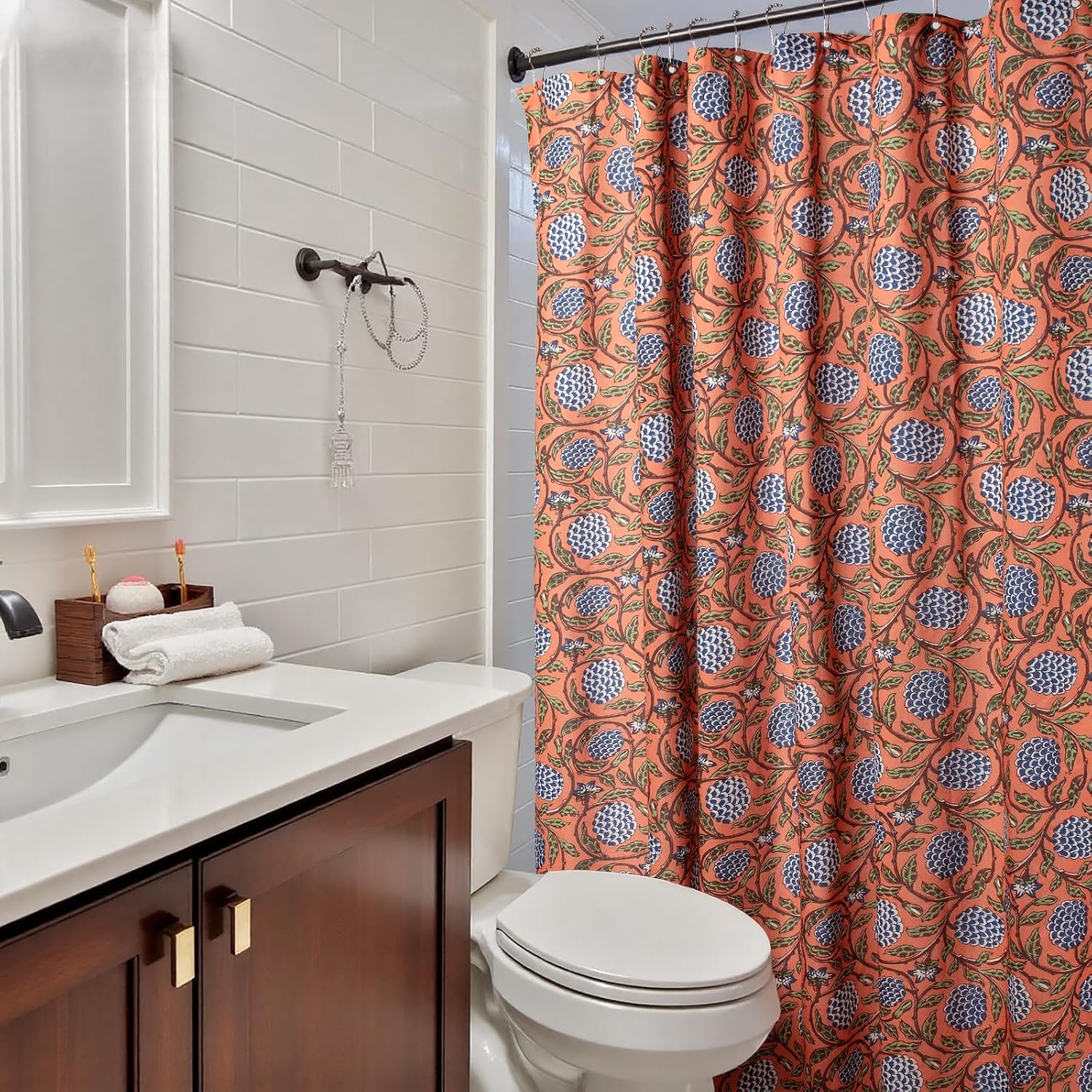 Aldernest Boho Burnt Orange Floral Shower Curtain - 72x72 Inches, 16 ounces