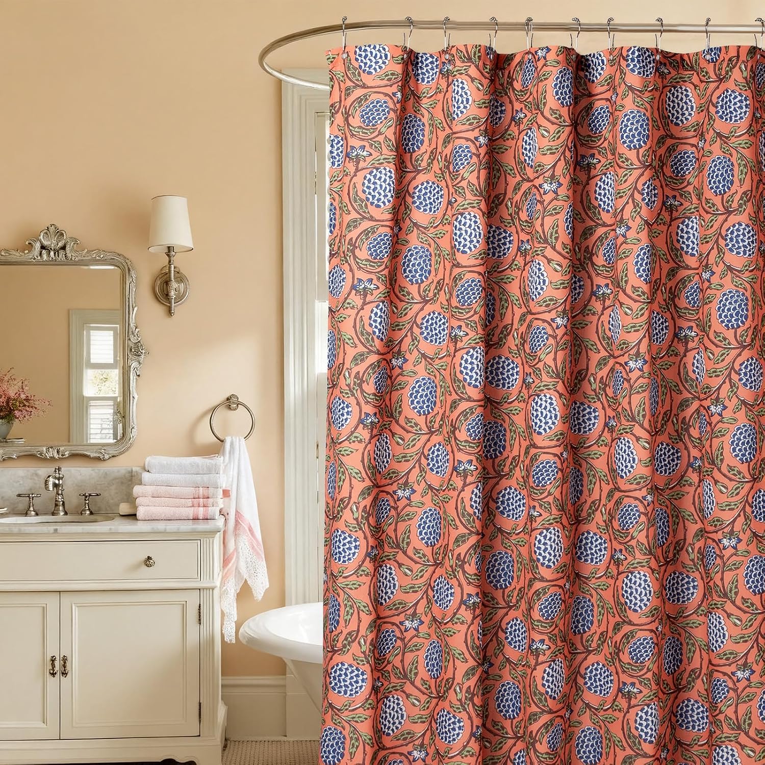 Aldernest Boho Burnt Orange Floral Shower Curtain - 72x72 Inches, 16 ounces