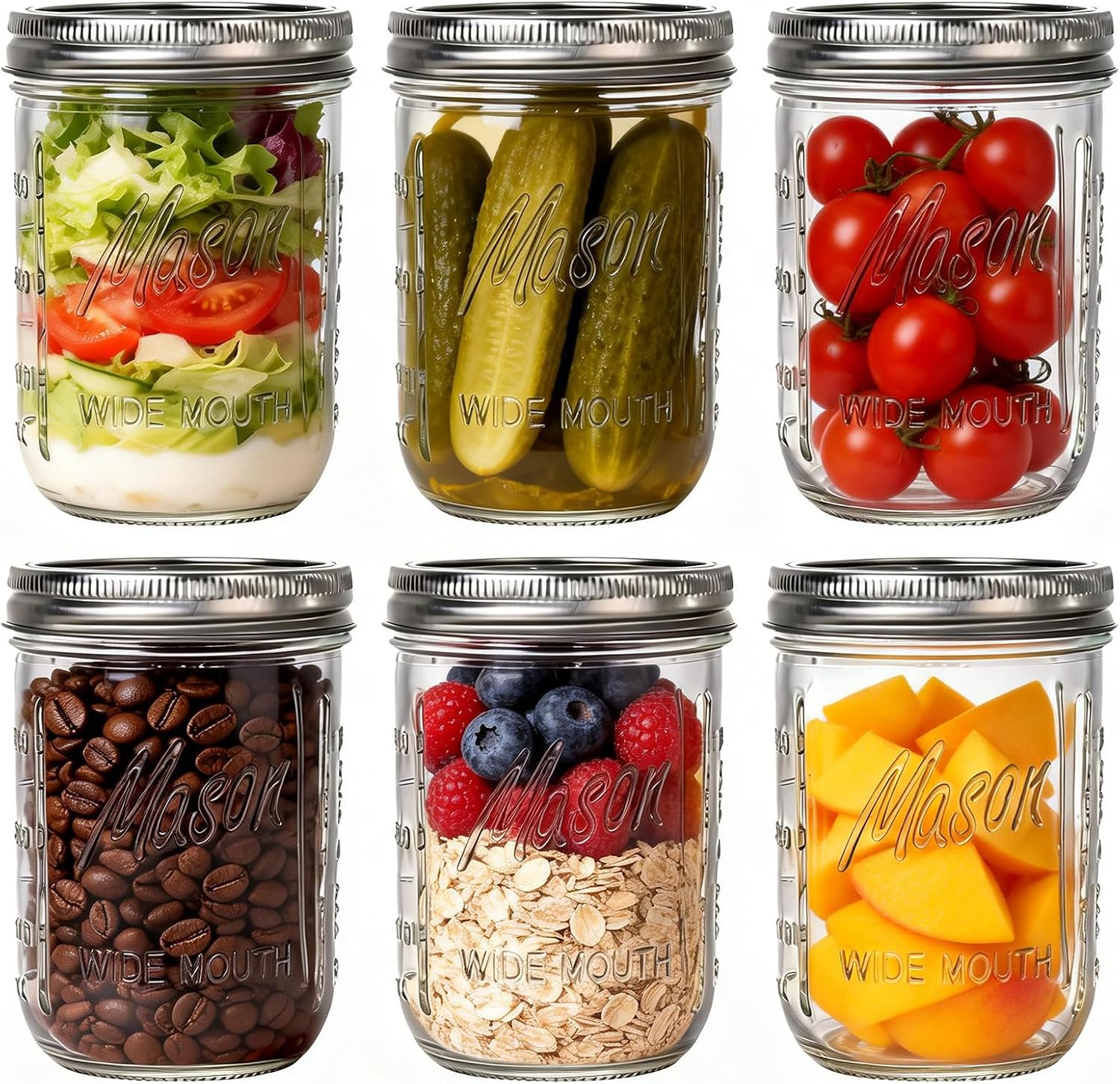 Tanglewick 6-Pack Mason Jars 16 oz with Lids – Wide Mouth Glass mason jars, medium