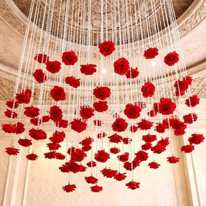 Aldernest 16pcs 31.4 Inch Red Rose Hanging Garland Crystal Beaded String Garland Artificial Rose Flower Decor for Mother's Day Ceiling Wedding