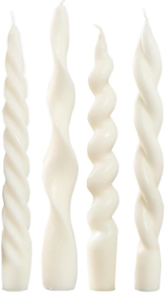 Birchmont 4 Pcs White Taper Candles 7.87 Inch - Christmas Tapered Candles Spiral Wave Twisted Ribbed Candlesticks