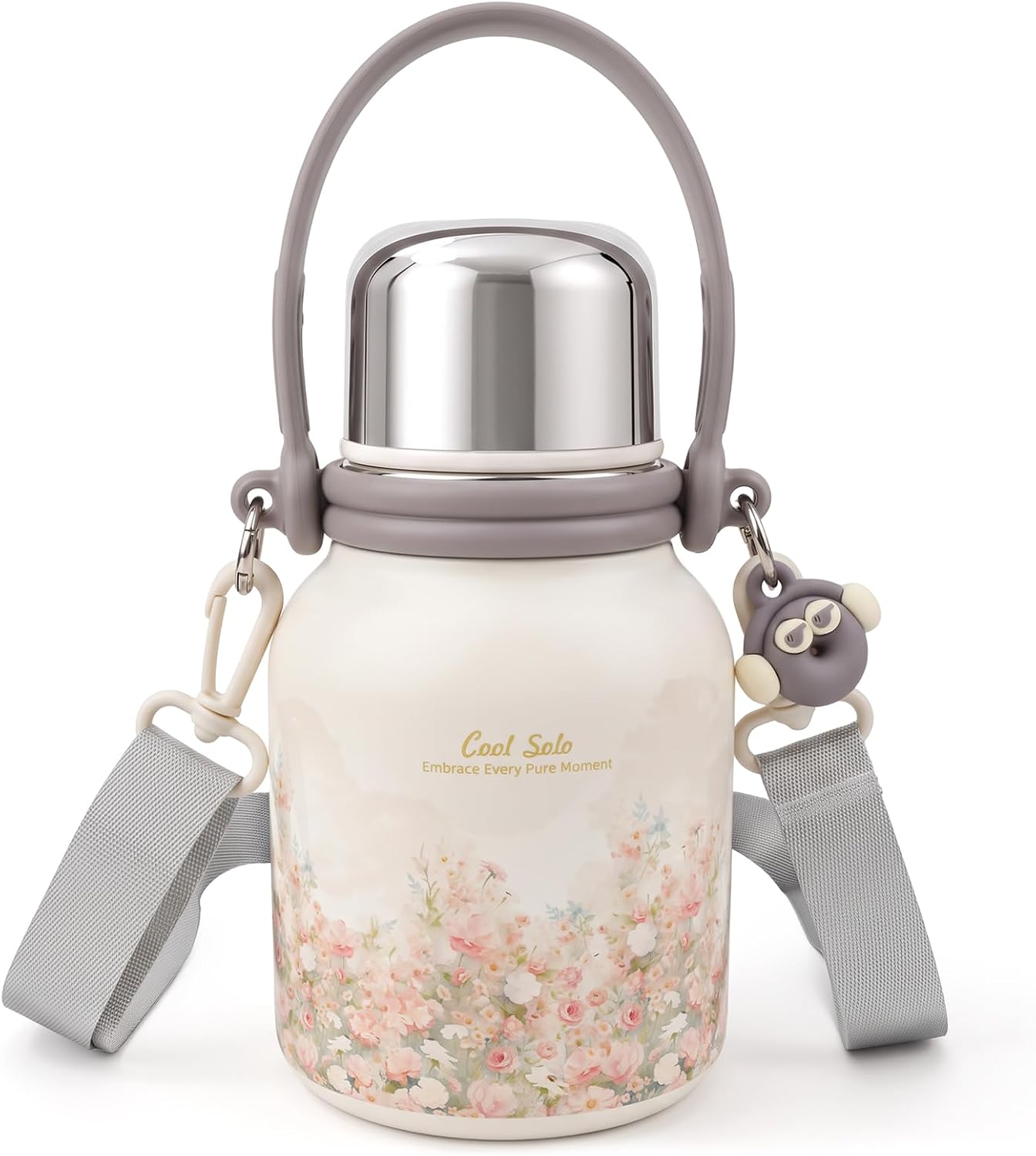 Aldernest 27 oz Cute Floral Insulated Water Bottle with Strap & Handle, 1.1 pounds, Pink Flowers