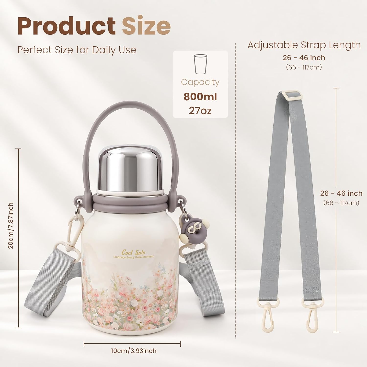 Aldernest 27 oz Cute Floral Insulated Water Bottle with Strap & Handle, 1.1 pounds, Pink Flowers