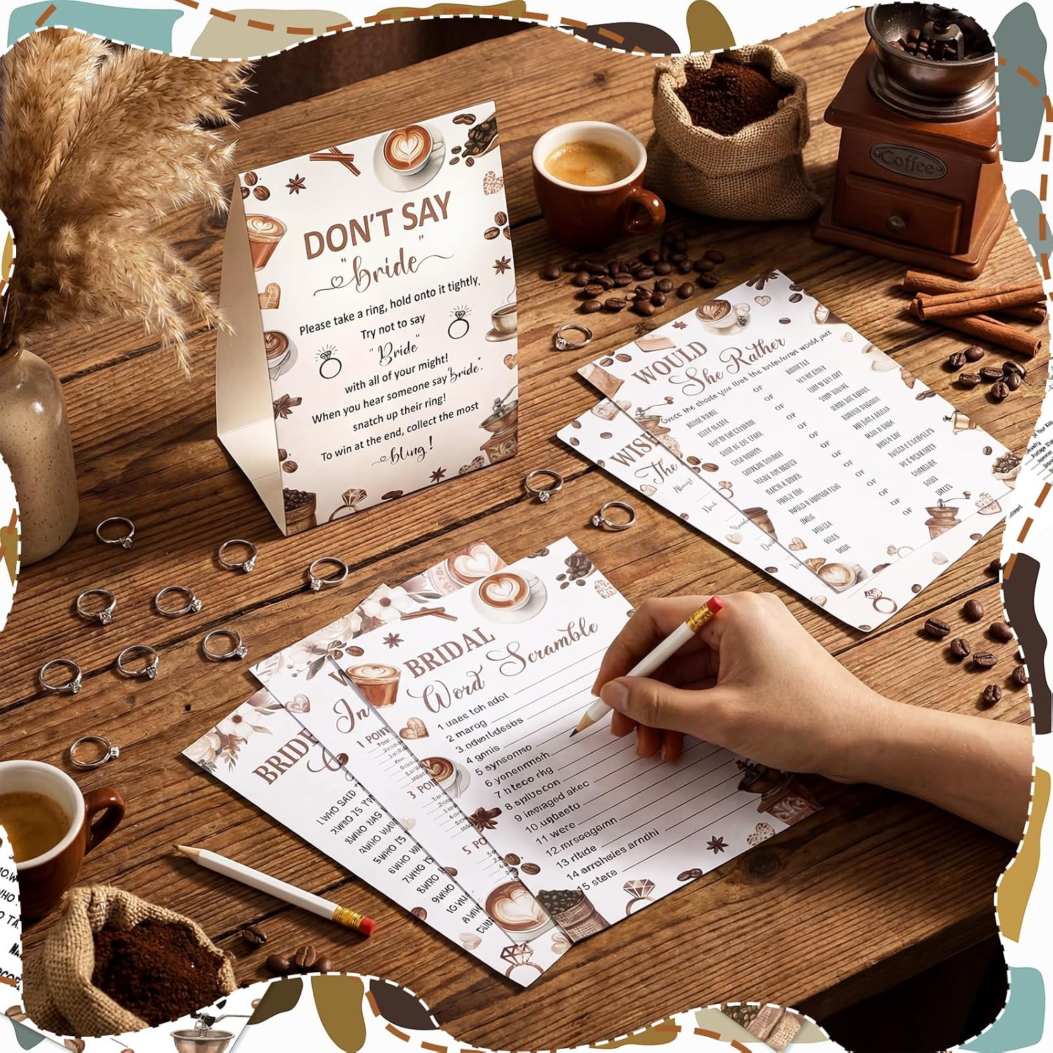 NestlyCo 331 Pcs Bridal Shower Games with Rings, Love is Brewing, 1.47 pounds, 7.87 x 5.51 inches, mainly brown and white