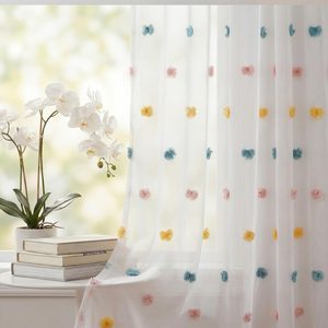 VelloHome 2Pcs White Sheer Curtains 52x84in, Pink Blue Pom, Boho, 23.27 g, Pink Blue Yellow