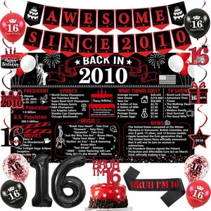 Aldernest Vintage Black Red Back in 2010 16th Birthday Decorations for Boys, Black and Red