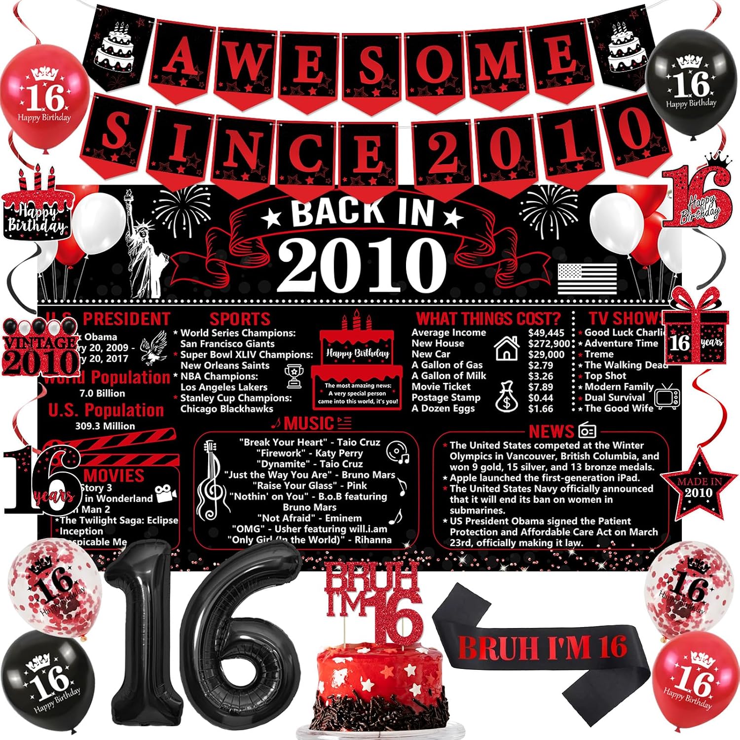 Aldernest Vintage Black Red Back in 2010 16th Birthday Decorations for Boys, Black and Red