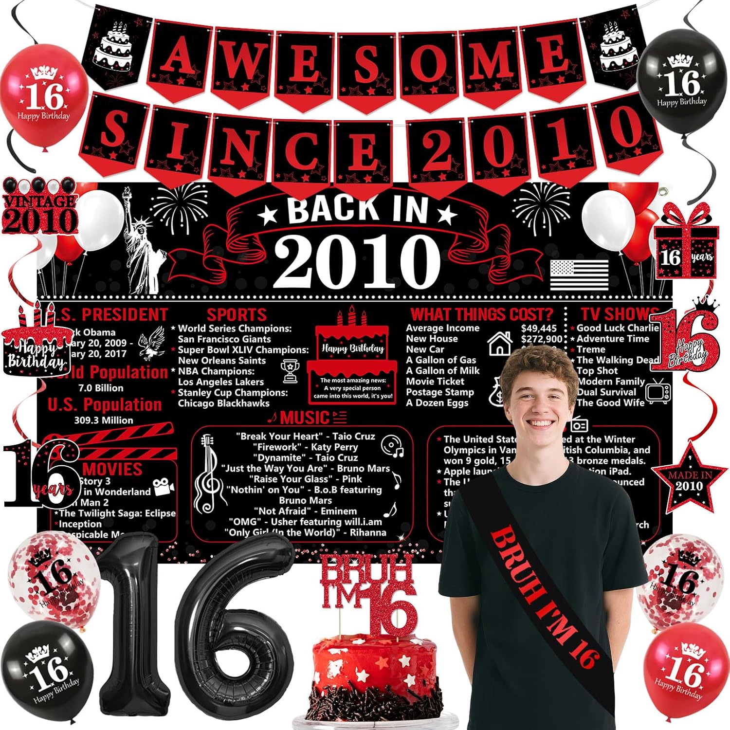 Aldernest Vintage Black Red Back in 2010 16th Birthday Decorations for Boys, Black and Red