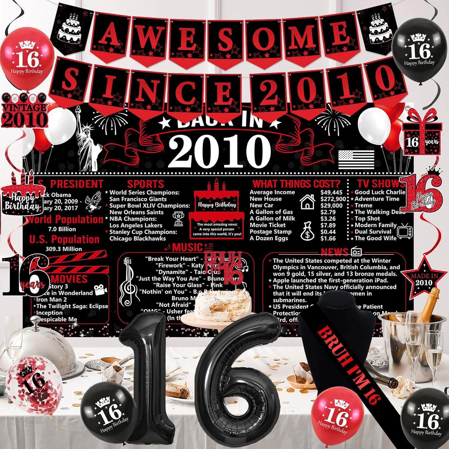 Aldernest Vintage Black Red Back in 2010 16th Birthday Decorations for Boys, Black and Red
