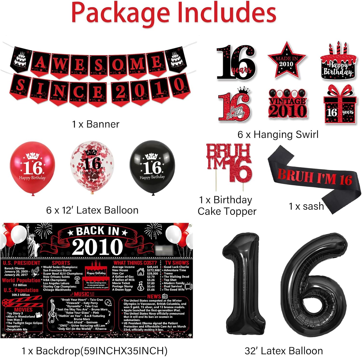 Aldernest Vintage Black Red Back in 2010 16th Birthday Decorations for Boys, Black and Red