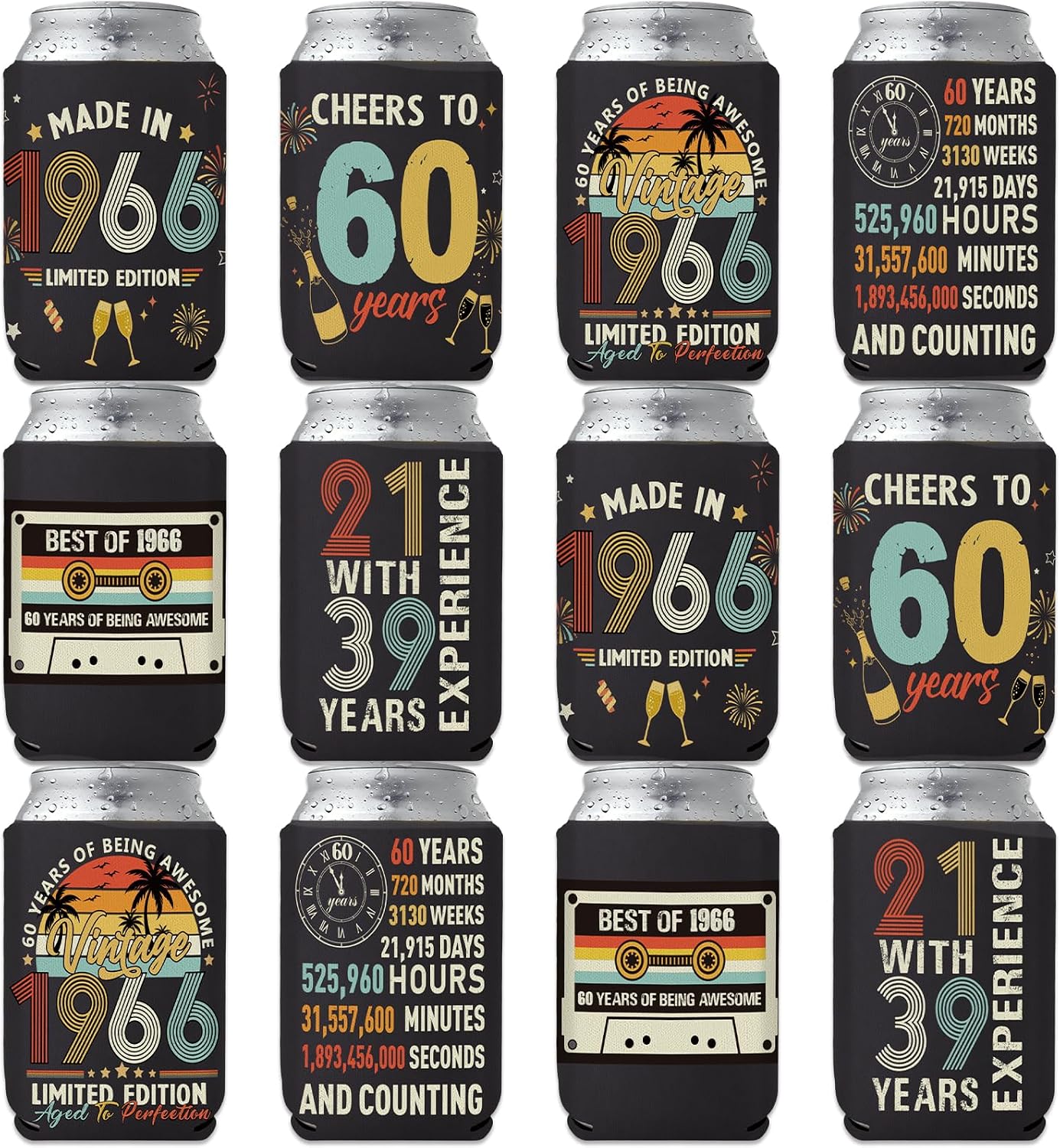 Ashenby 60th Birthday Can Cooler Sleeves, 12 Pcs 1966 Beer Cans Coolers, standard