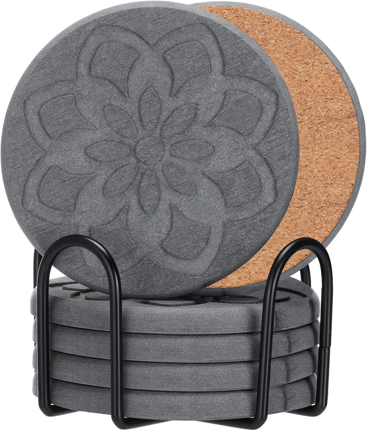Ashenby 6 Pcs Diatomaceous Earth Absorbent Coasters with Holder, 1.1 pounds, Dark Gray, black