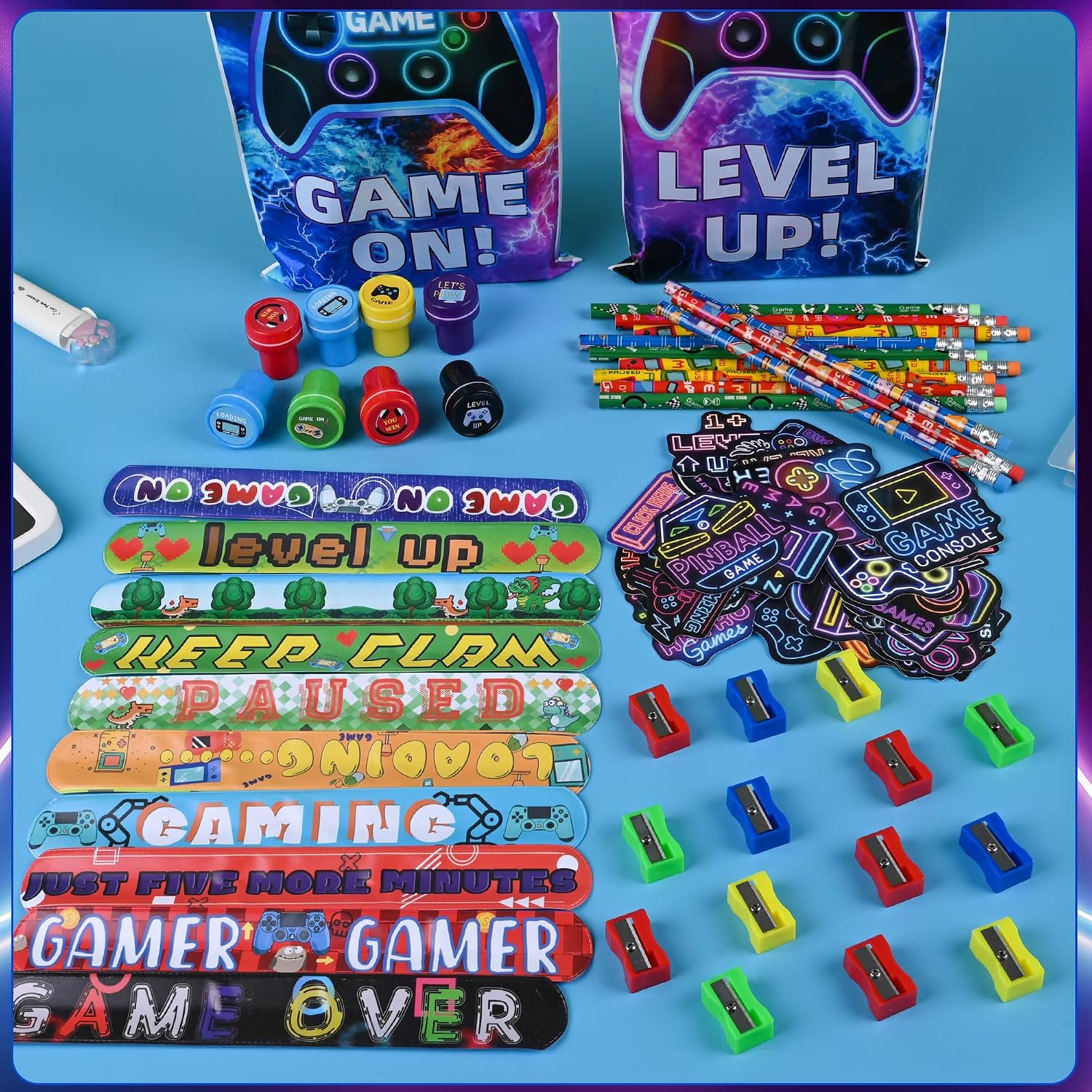 Ashenby 218 Pcs Video Game Party Favors With Video Game Pencils Pencil Sharpener Slap Bracelets Stickers and Erasers for Video Game Gamer Birthday