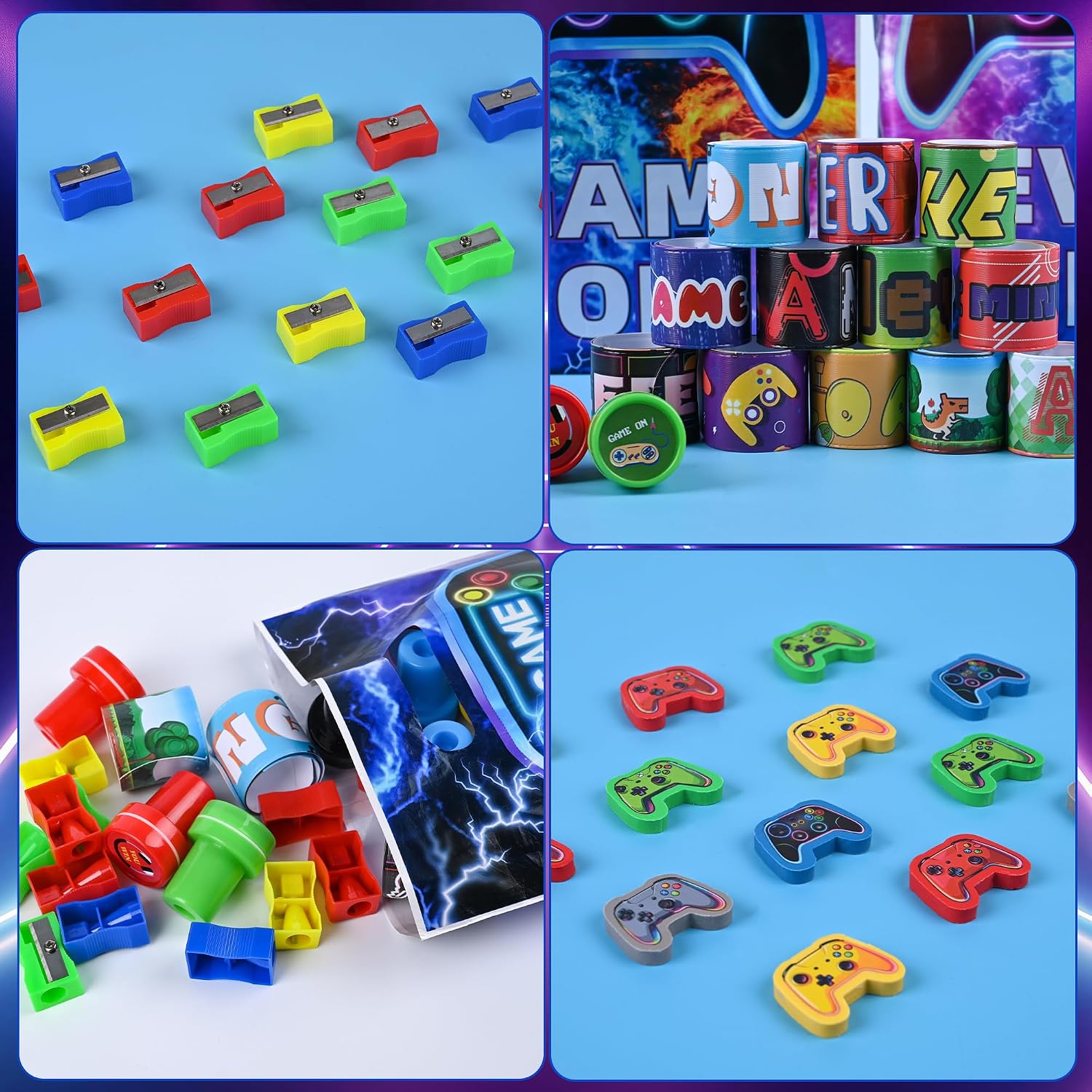 Ashenby 218 Pcs Video Game Party Favors With Video Game Pencils Pencil Sharpener Slap Bracelets Stickers and Erasers for Video Game Gamer Birthday