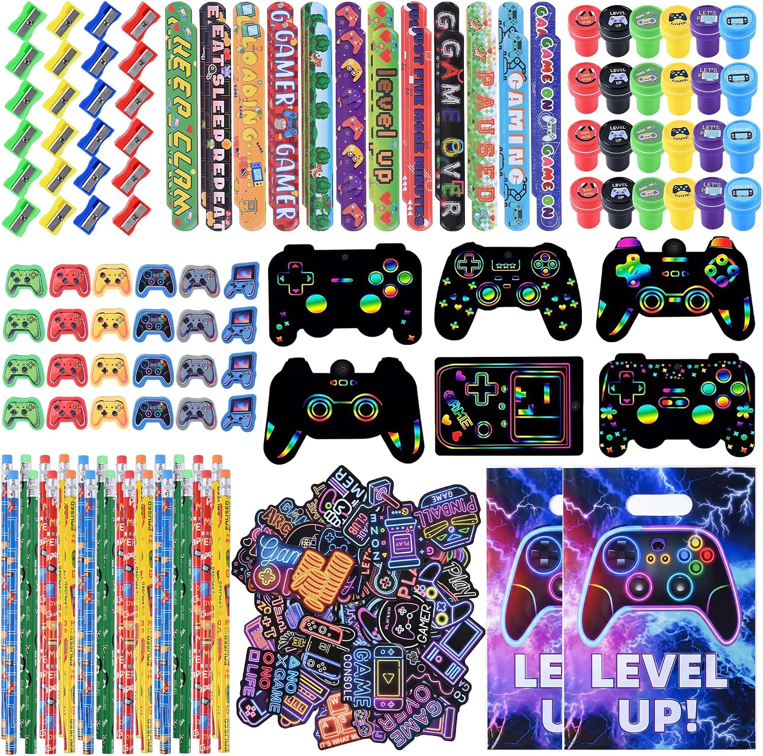 Ashenby 218 Pcs Video Game Party Favors With Video Game Pencils Pencil Sharpener Slap Bracelets Stickers and Erasers for Video Game Gamer Birthday
