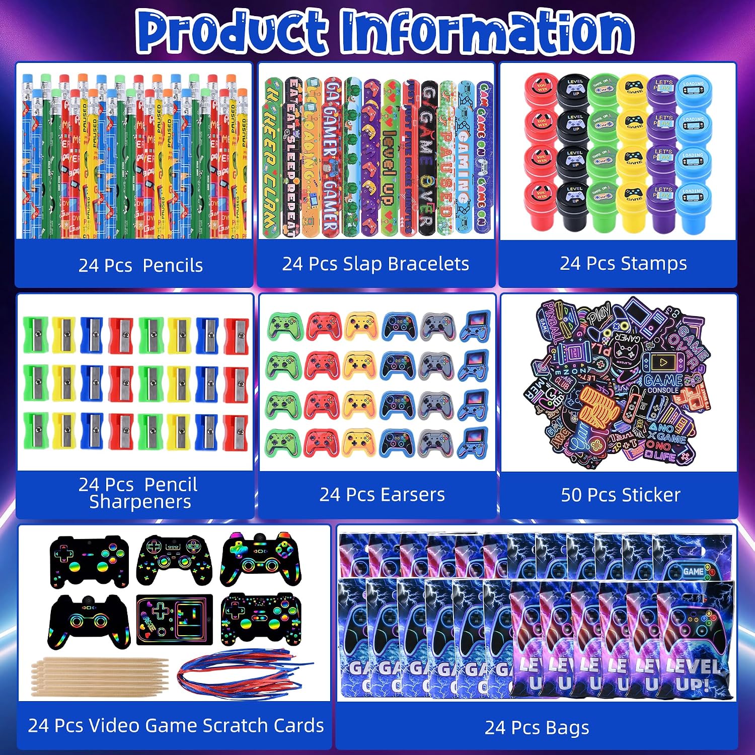 Ashenby 218 Pcs Video Game Party Favors With Video Game Pencils Pencil Sharpener Slap Bracelets Stickers and Erasers for Video Game Gamer Birthday