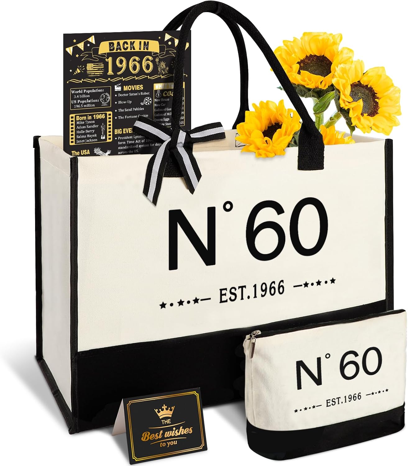 Ashenby 60th Birthday Gift for Women-EST.1966 Canvas Tote Bag, Cosmetic Bag, Poster, Large, White, 4