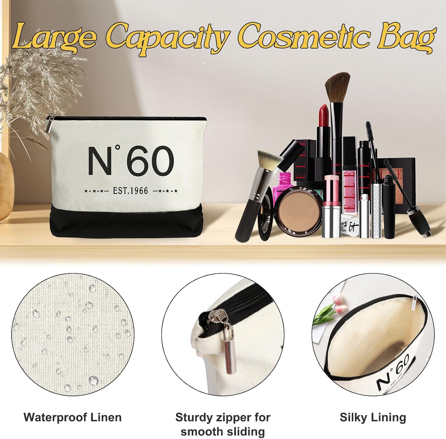 Ashenby 60th Birthday Gift for Women-EST.1966 Canvas Tote Bag, Cosmetic Bag, Poster, Large, White, 4