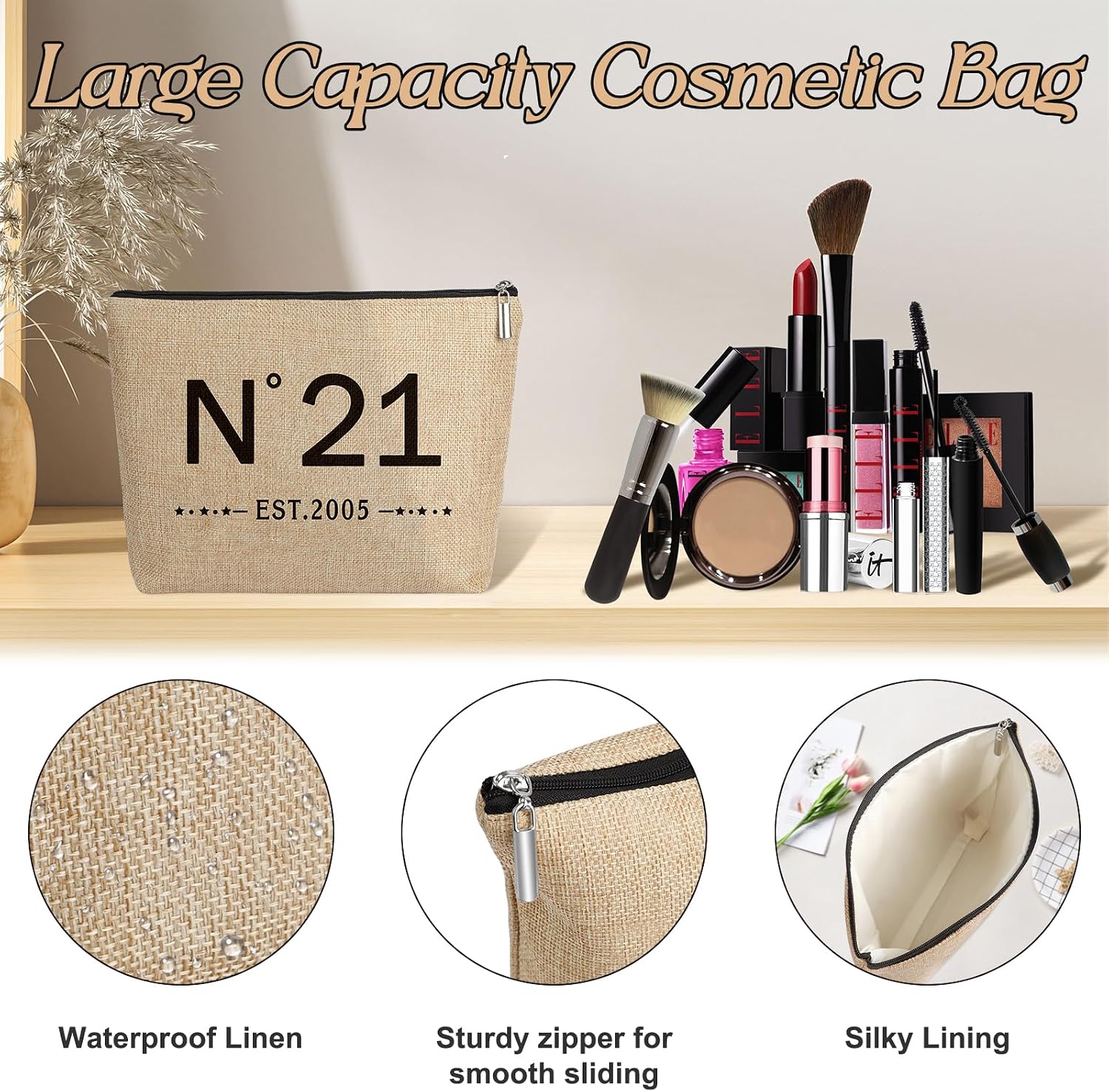 Ashenby 21st Birthday Gifts for Women-EST.2005 Jute Tote Bag, Cosmetic Bag, Poster, 13.8 x 5.1 x 12.2 inches, Brown