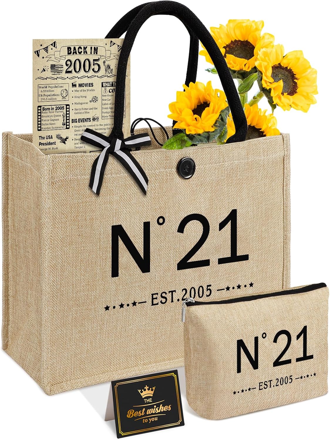Ashenby 21st Birthday Gifts for Women-EST.2005 Jute Tote Bag, Cosmetic Bag, Poster, 13.8 x 5.1 x 12.2 inches, Brown