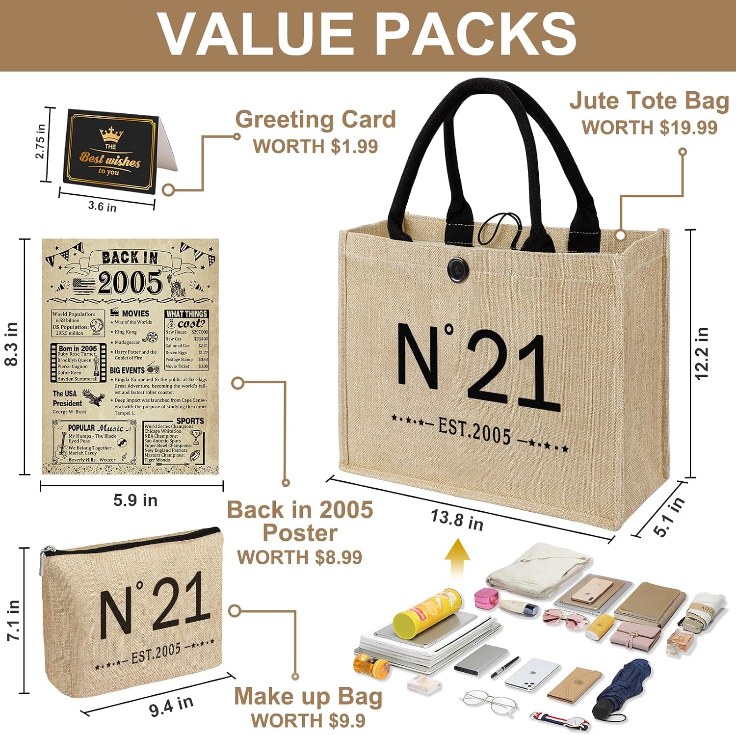 Ashenby 21st Birthday Gifts for Women-EST.2005 Jute Tote Bag, Cosmetic Bag, Poster, 13.8 x 5.1 x 12.2 inches, Brown