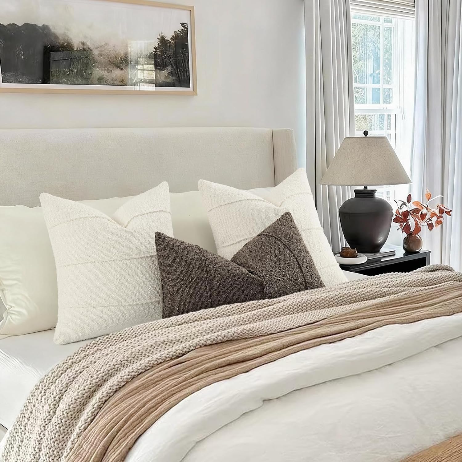 Barleyfield Textured Boucle Throw Pillow Covers 20x20 Pack of 2 - Soft Neutral Striped Cushion Covers, Cozy Accent Decorative Pillow Covers for Couch