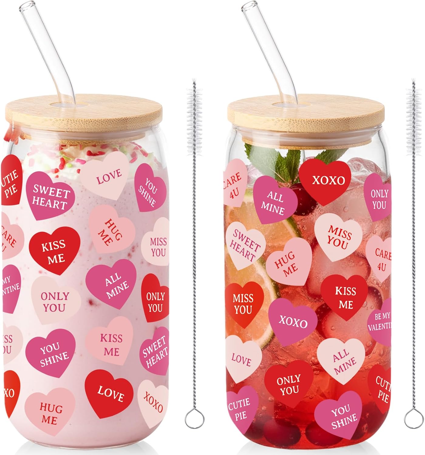 Ashenby 2 Pcs 16 oz Heart Glass Cups Valentines Galentines Day Tumblers, 1.6 pounds, Red, Pink