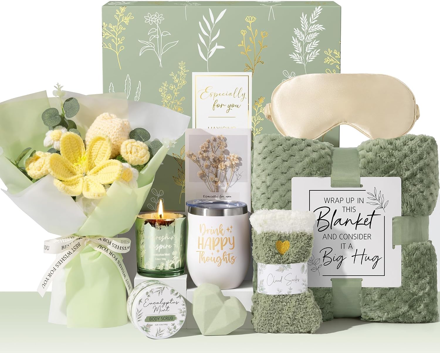 Ashenby Birthday Gifts for Women, Spa Self Care Package Get Well Soon Gift Baskets, Queen, Sage Green - Eucalyptus Mint