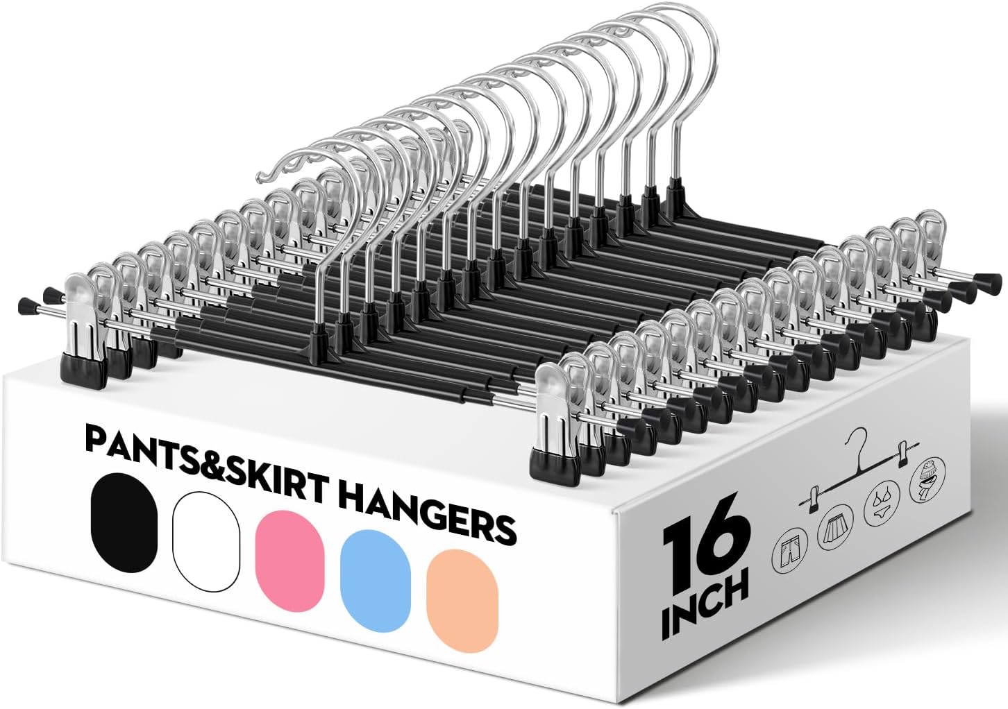Barleyfield 16 Inch Extra Wide Pants Skirt Hangers with Clips, Black, 20 Pack