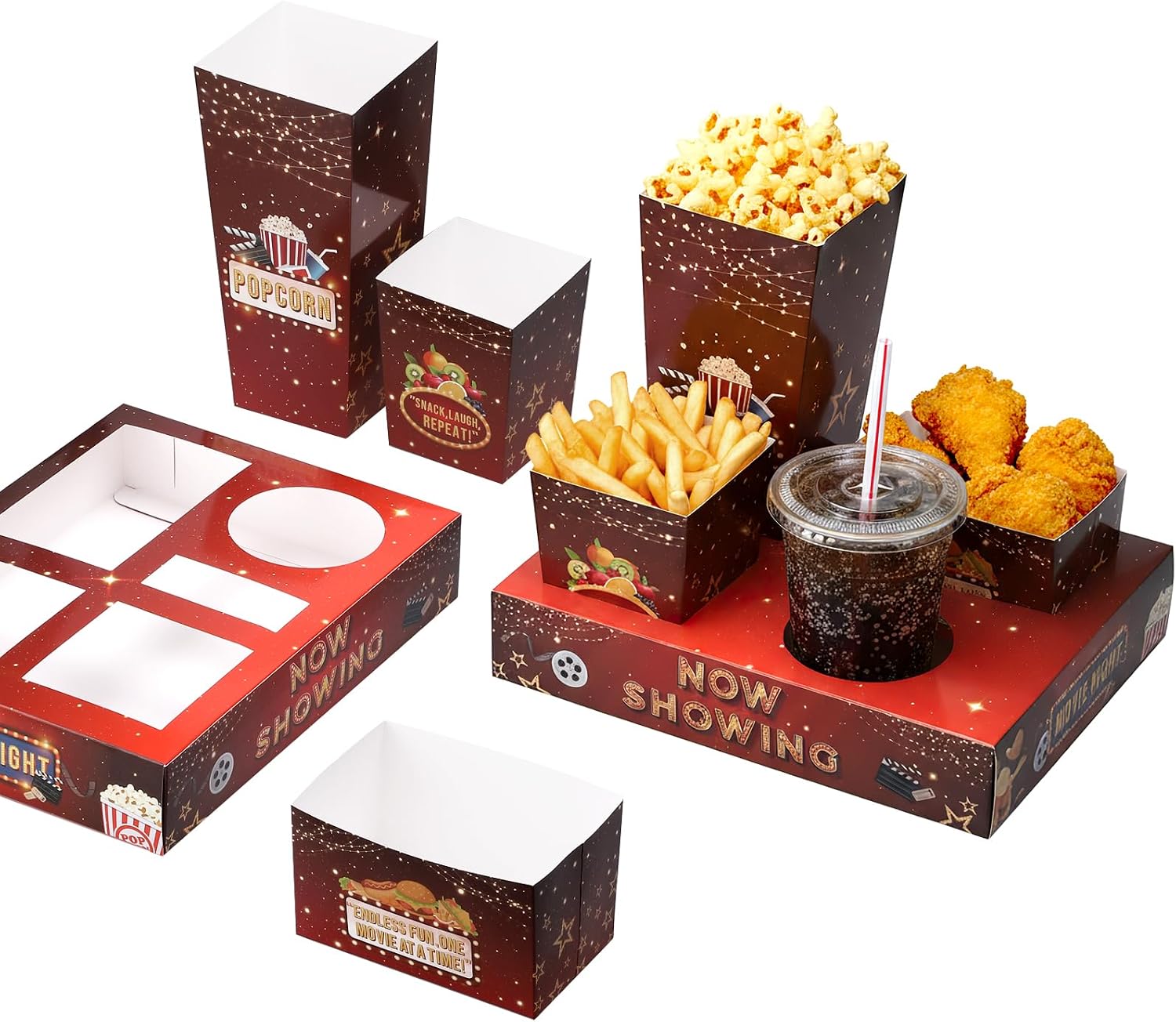 Aldernest 108 Pcs Movie Night Snack Trays, Disposable Movie Night Supplies for Family, Large, Red and Gold