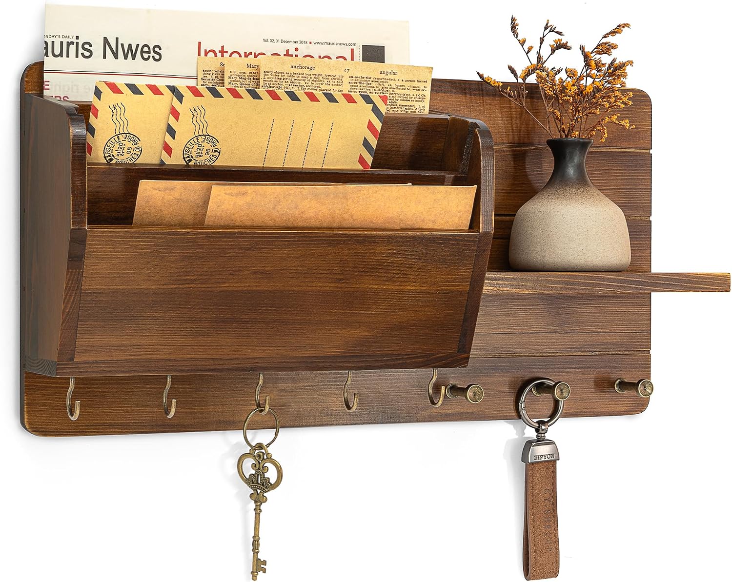 Birchmont Pine Wood Key Holder Wall Mount with Mail Sorter, Light Brown, 2.8 pounds