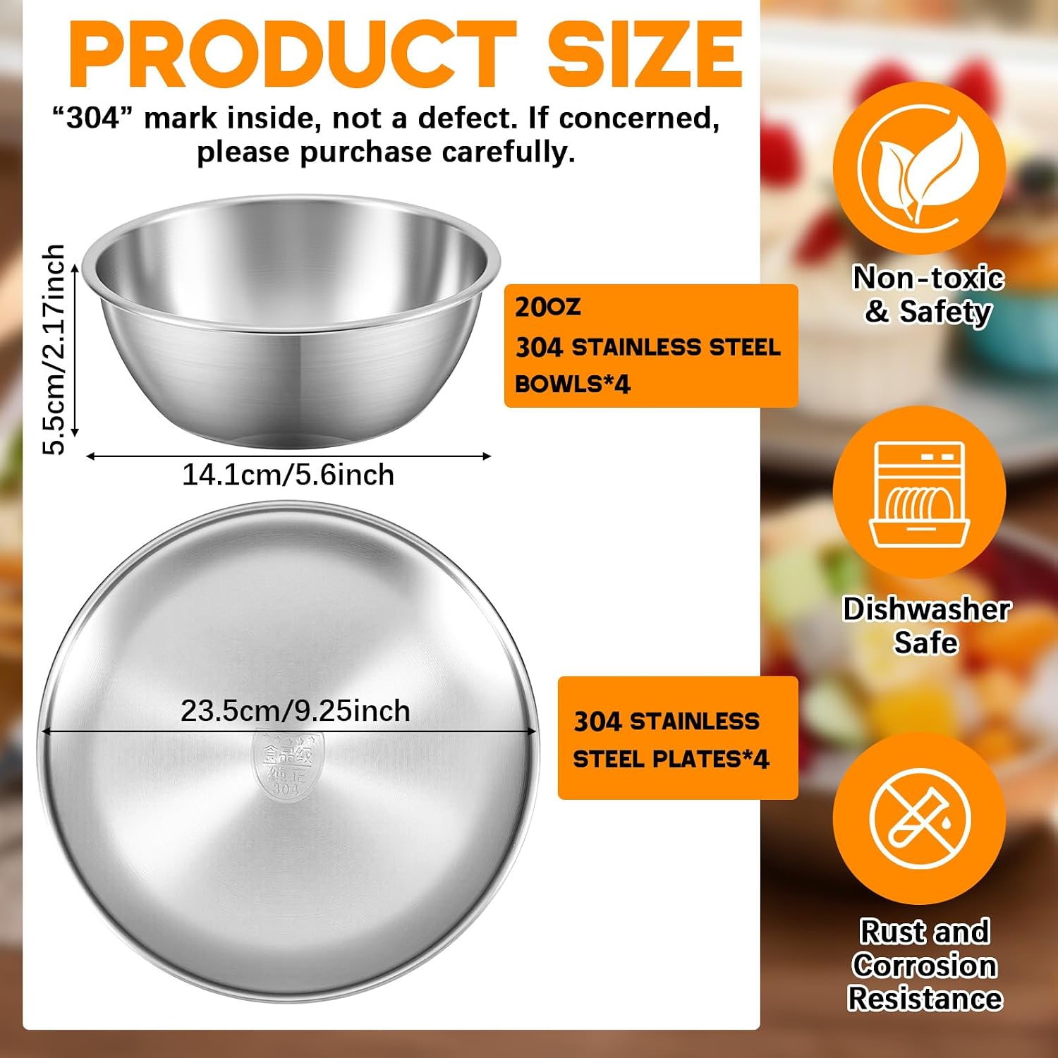 Ashenby 8 Pieces 304 Stainless Steel Plates Bowls Set, Silver, one size, Sliver