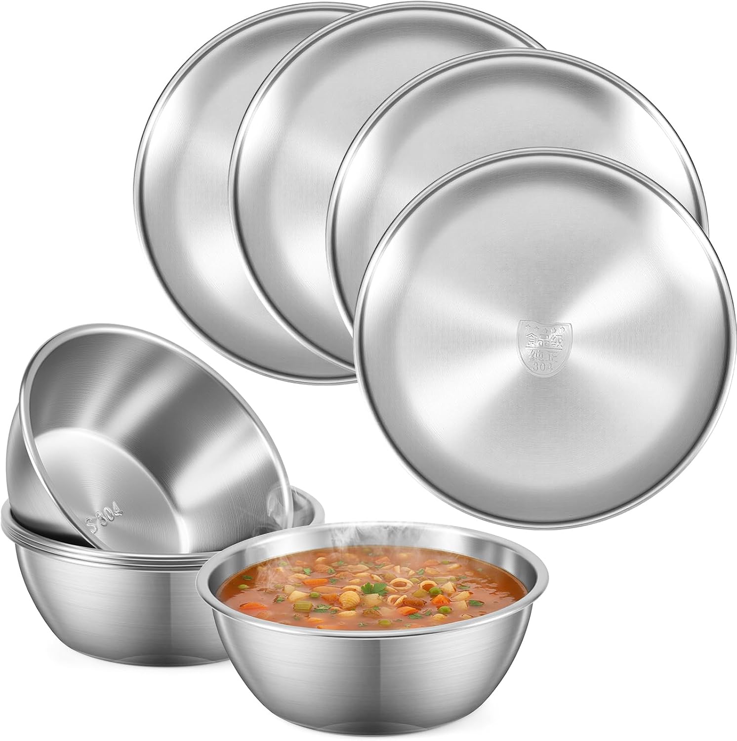 Ashenby 8 Pieces 304 Stainless Steel Plates Bowls Set, Silver, one size, Sliver