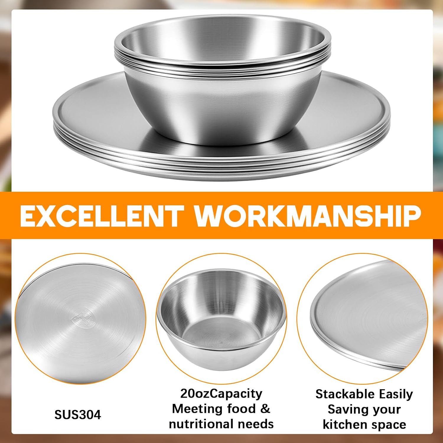 Ashenby 8 Pieces 304 Stainless Steel Plates Bowls Set, Silver, one size, Sliver