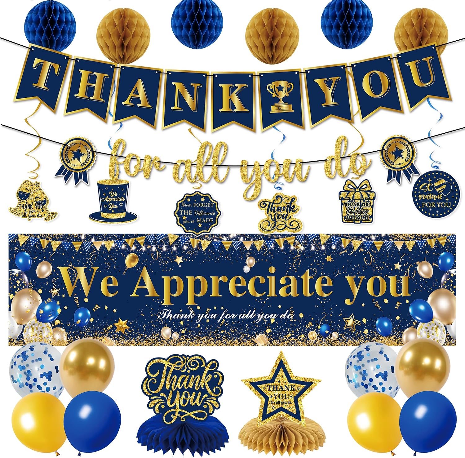 Aldernest Blue Gold We Appreciate You Party Decorations Men Women Yard Sign, 24