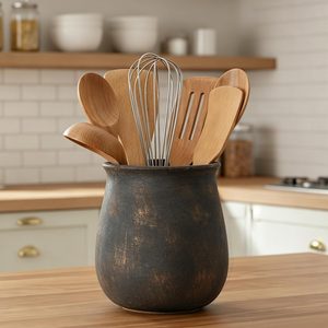 Aldernest 6.8" H Wide Mouth Large Capacity Rustic Utensil Holder for Kitchen Counter, Black and Gold
