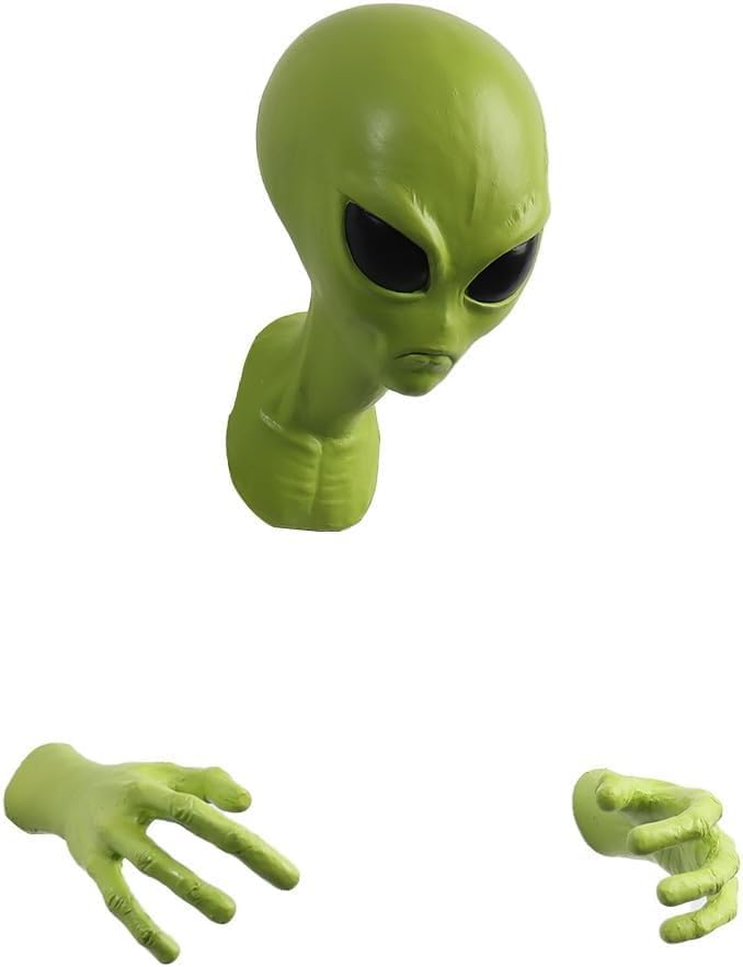 Quillstone Green Alien Wall Sculpturet Latex Material 3D Alien Sculpture Head and Hand Small Statue Wall Hanging Area 51 Sci-Fi Decorative Collectible