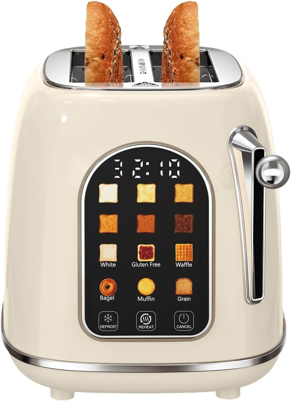 Barleyfield Toaster 2 Slice, Touch Screen Wide Slot Retro Toaster For Breads Bagel Muffin Waffle, 3 pounds, Cream