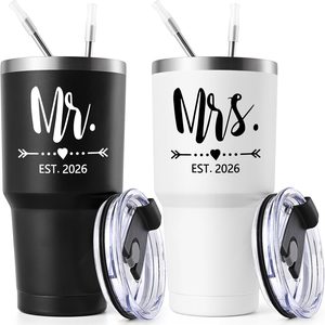 Aldernest Mr and Mrs Gifts, Wedding Gifts for Couples 2026 Mr & Mrs 30oz Tumbler Set, Large, Black/White