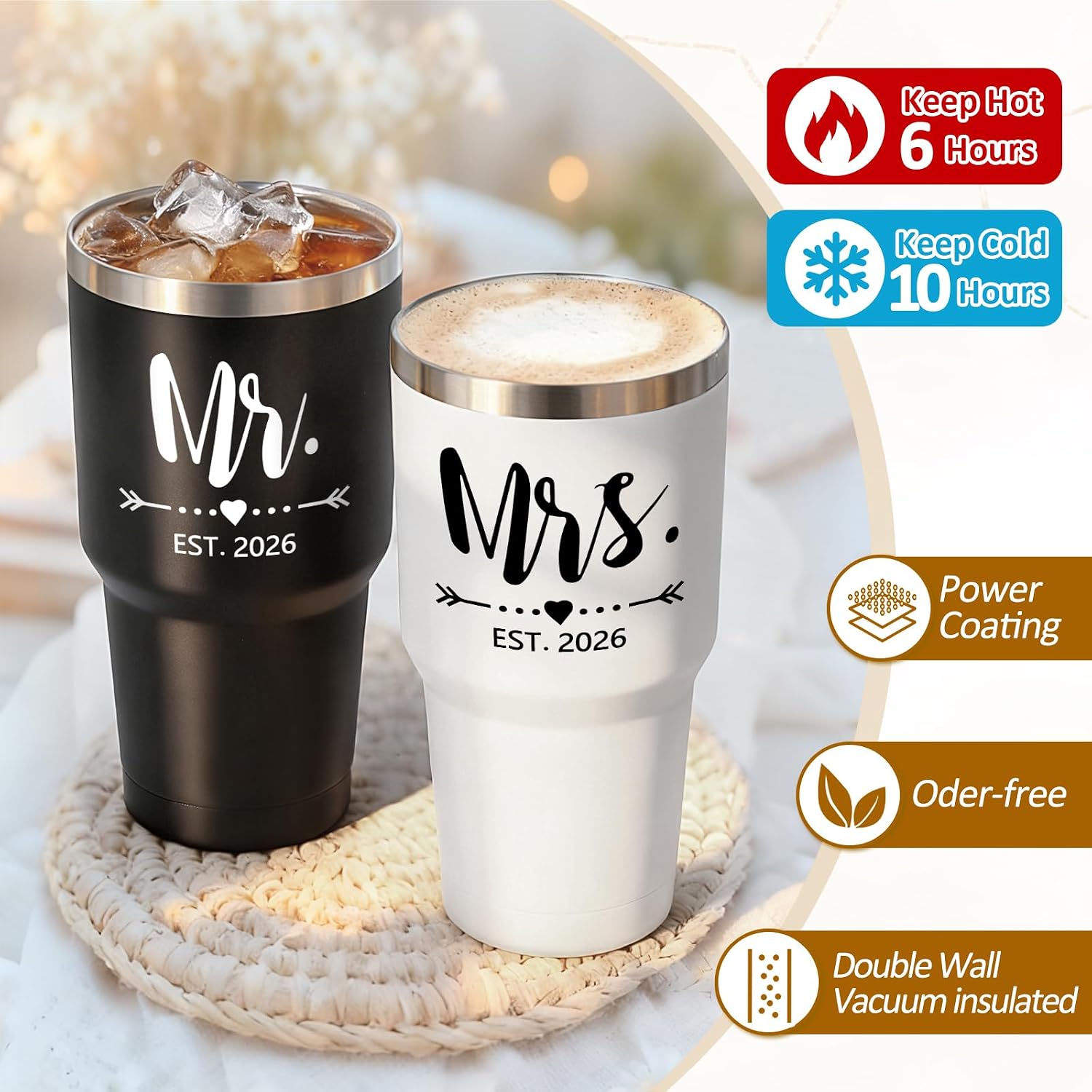 Aldernest Mr and Mrs Gifts, Wedding Gifts for Couples 2026 Mr & Mrs 30oz Tumbler Set, Large, Black/White