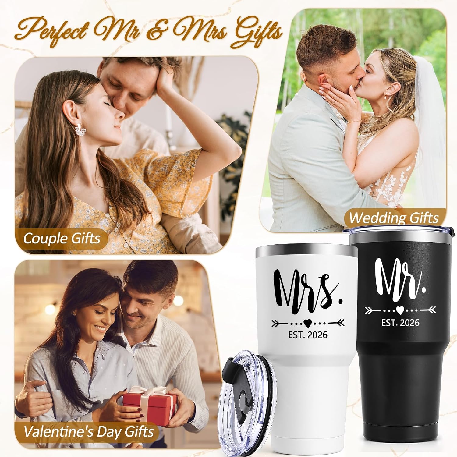 Aldernest Mr and Mrs Gifts, Wedding Gifts for Couples 2026 Mr & Mrs 30oz Tumbler Set, Large, Black/White