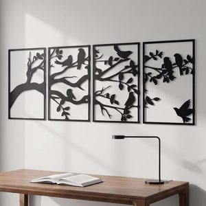 VelloHome 4Pcs Black Metal Tree of Life Bird Hollow Wall Sculpture Decor Set, 3.3 pounds, 11" X 14.6" in