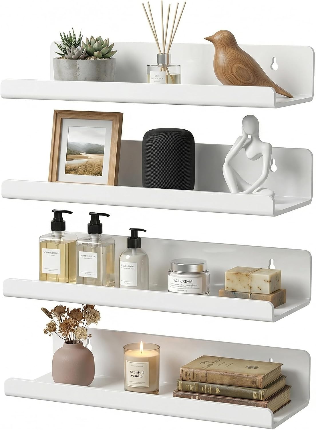 NestlyCo White Acrylic Floating Shelves, No Drill Wall Shelves, 4 Pack, 1.8 pounds, 11.8 inches x 3.74 inches x 2.28 inches