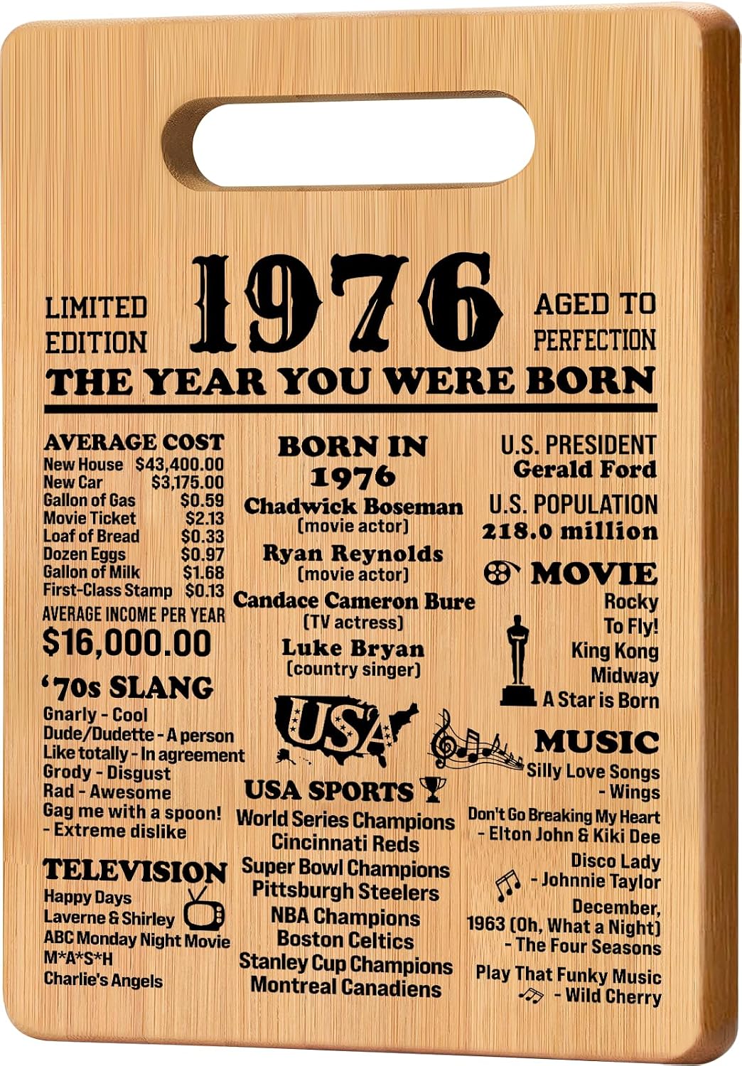 Aldernest 50th Birthday Gifts for Women Men, 1976 Cutting Board Gift for Him Her, 0.47 kg, 11 x 7 inches, Natural Bamboo (Light Brown)