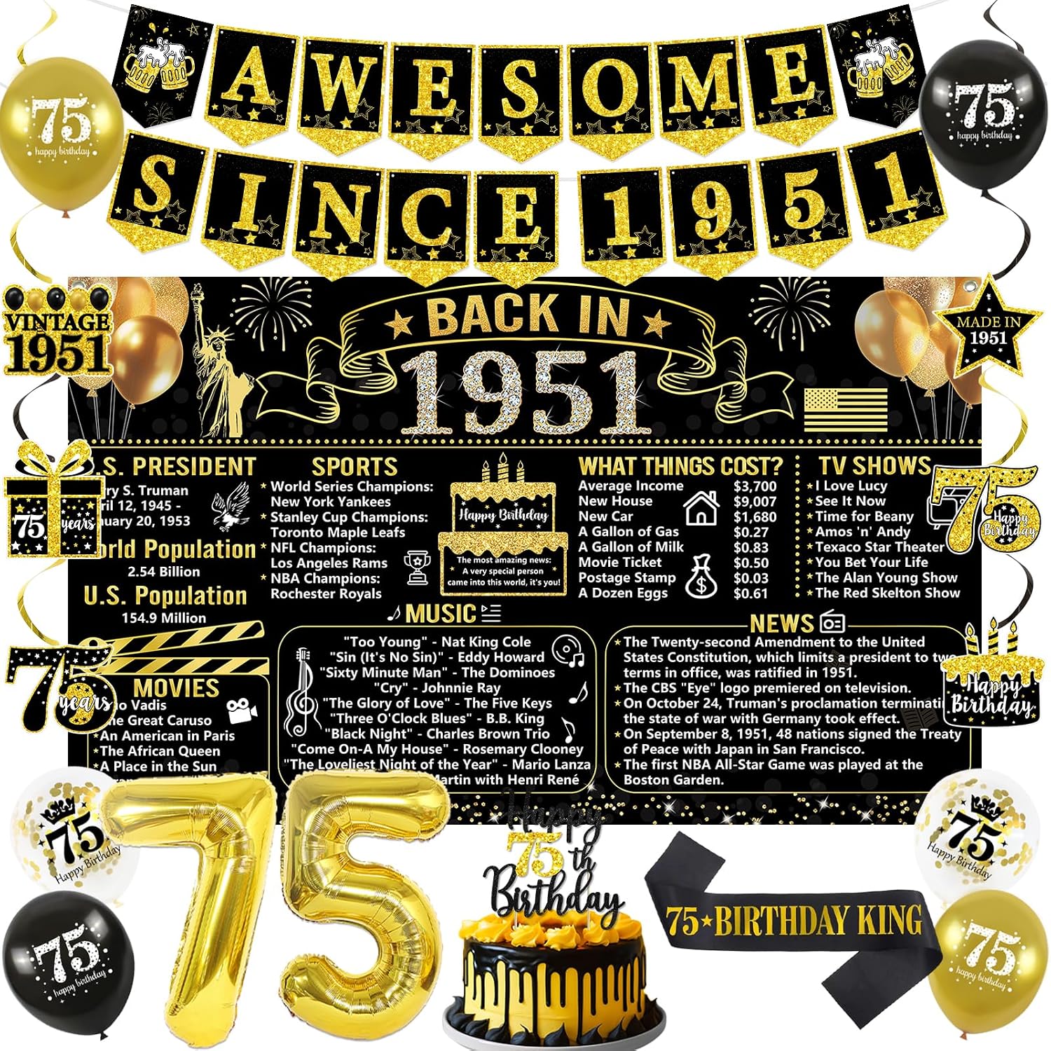 Aldernest Black Gold 75th Back in 1951 Birthday Decorations for Men