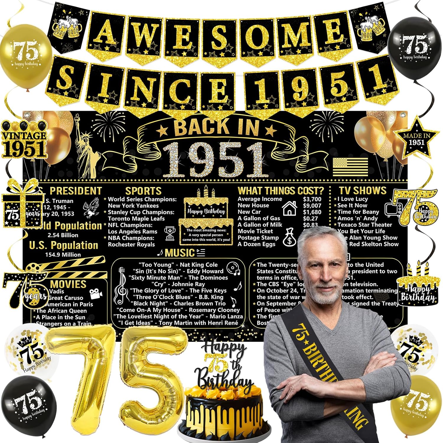 Aldernest Black Gold 75th Back in 1951 Birthday Decorations for Men