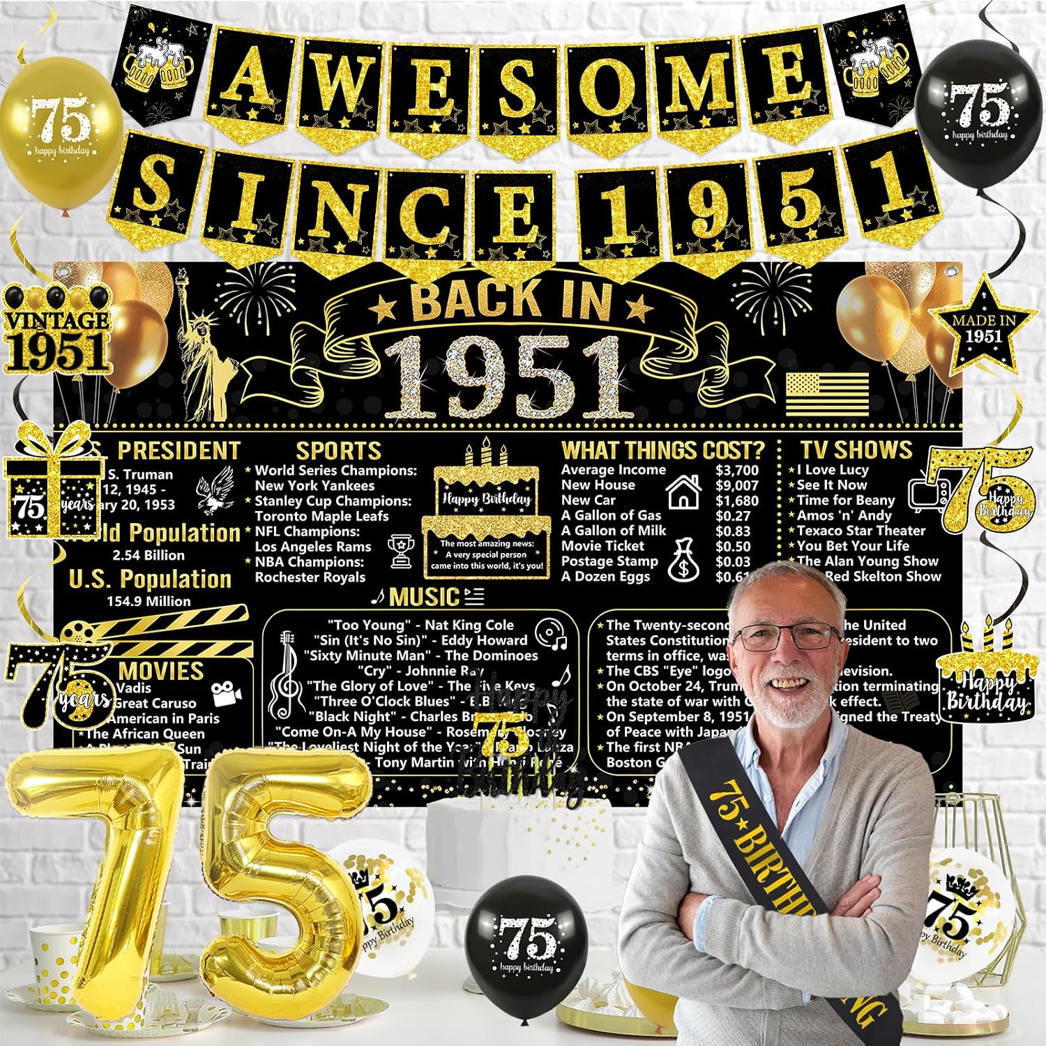 Aldernest Black Gold 75th Back in 1951 Birthday Decorations for Men
