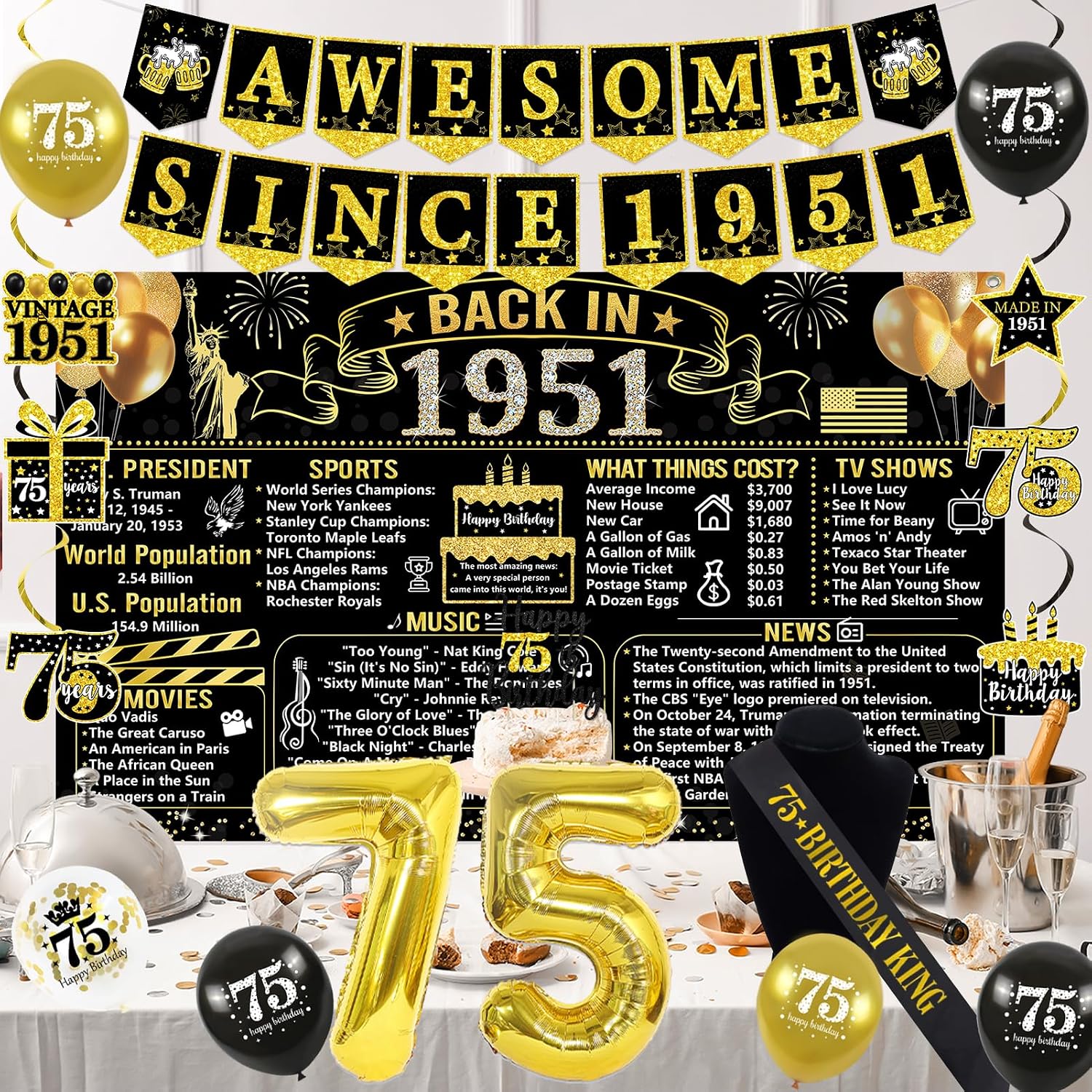 Aldernest Black Gold 75th Back in 1951 Birthday Decorations for Men